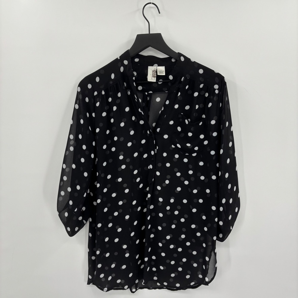 Birdcage Womens Polka‎ Dot Blouse Large Black White Chiffon Roll Tab Sleeve 70s